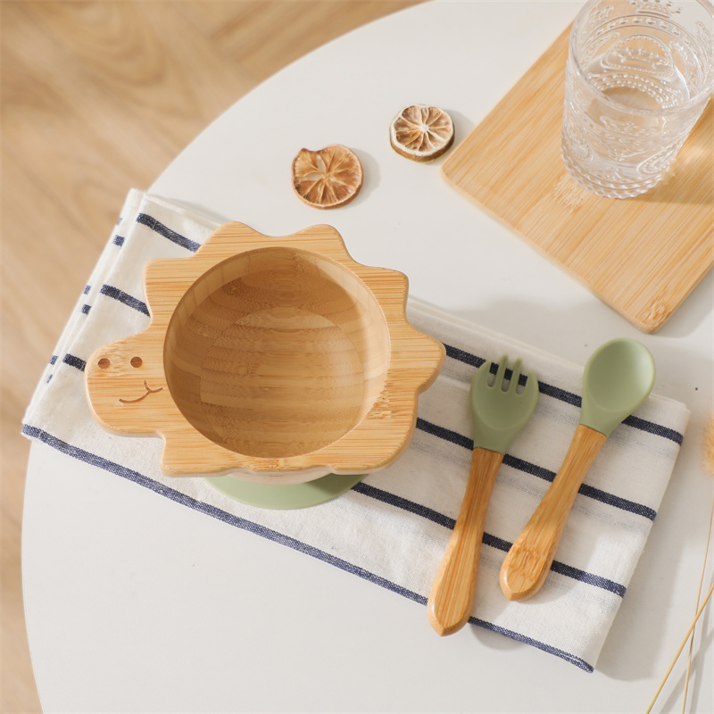 Baby Food Menu - 赤ちゃんの恐竜の食器,木製のプレート,ボウル,シリコン吸引,木製のハンドル,フォーク,スプーン,子供の給餌ギフト