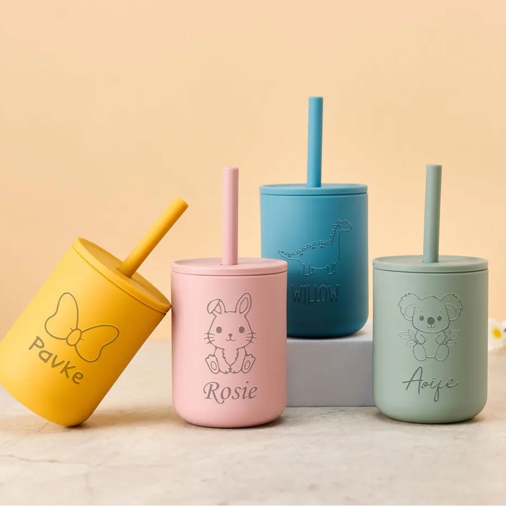 Baby Food Jars With Lids - 名前入りシリコン製子供用ストローカップ、かわいい動物のイラストが刻印された幼児用トレーニングカップ、男の子と女の子の赤ちゃんへの出産祝い、クリスマスプレゼント。