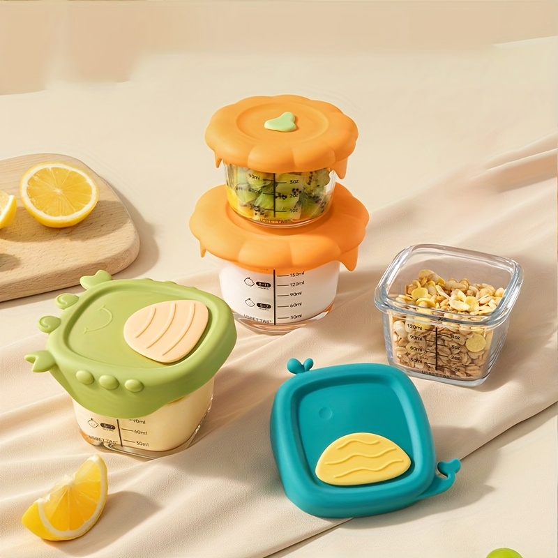 Baby Food Jars With Lids - 120/180ml ガラス製ベビーフード容器 目盛り付き シリコンカバー付き 可愛い収納ボックス 耐熱性