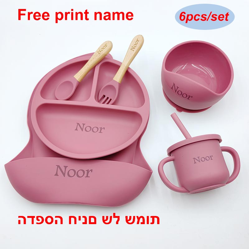 Baby Food Menu - 6 個のシリコーン食器子供のためのベビー授乳セット吸盤ボウルダイニングプレートスプーンフォークよだれかけカップパーソナライズされた名前子供のギフト