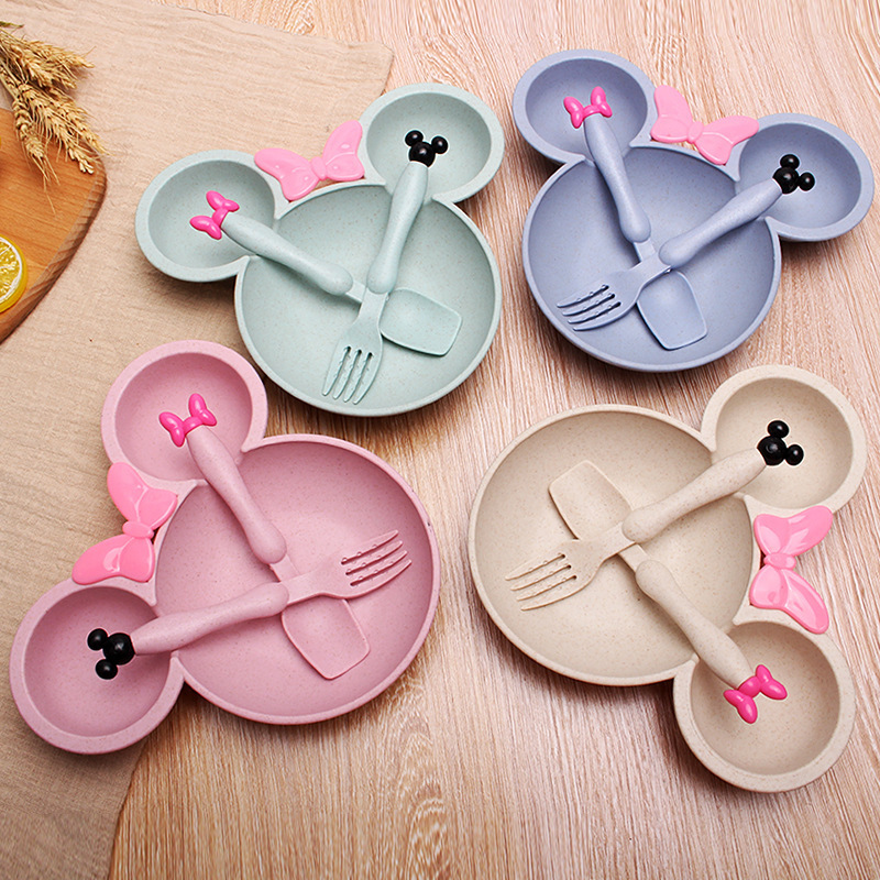 小麦わらで作られたミニーマウスの子供用食器セット。フォークと - Baby Food Menu のレビューと価格