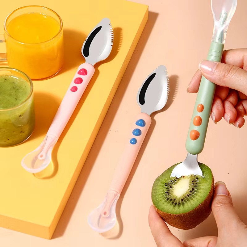 ダブルヘッドベビースプーンシリコーンステンレス鋼フルーツスク - Baby Food Menu のレビューと価格